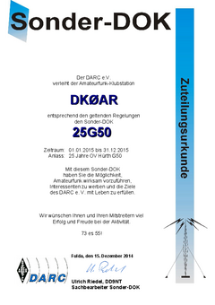 Zuteilung Sonder-DOK "25G50" für DK0AR
