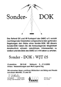 Zuteilung Sonder-DOK "WJT 05" für DK0AR