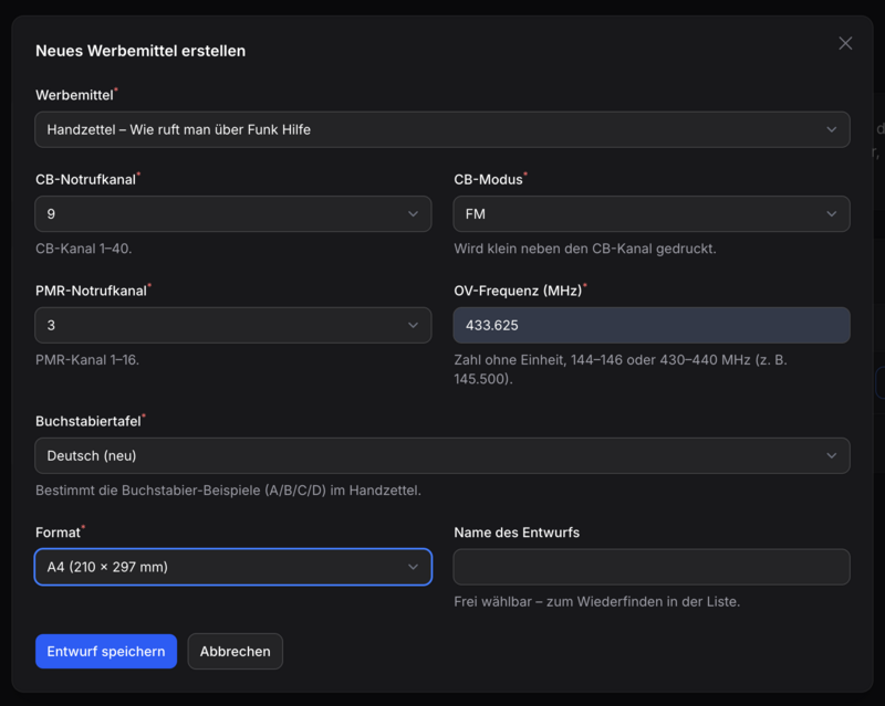 Werbemittelgenerator: Formular zum Erstellen des Handzettels