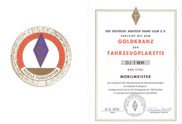 Plakette und Urkunde für einen UKW-Mobilmeister