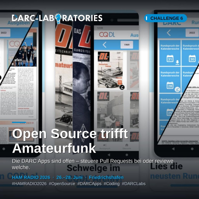 Screenshots der DARC-/CQDL-App auf mehreren Smartphones