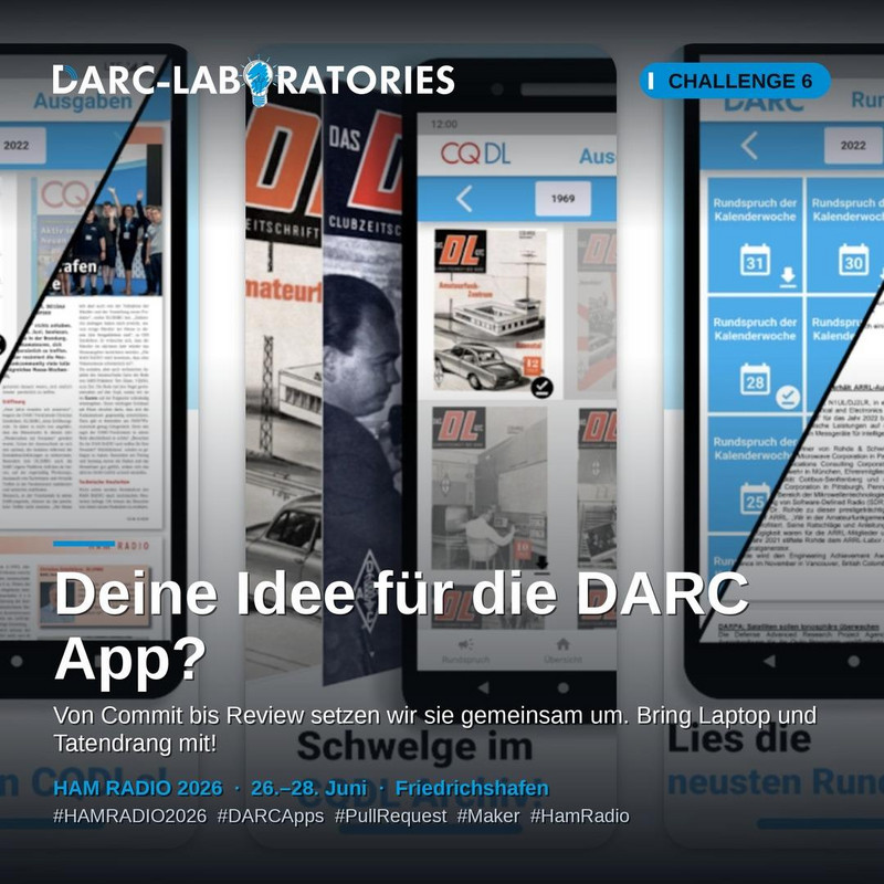 Screenshots der DARC-/CQDL-App auf mehreren Smartphones