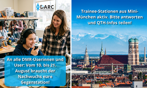 Ein Bild, das ein lachendes Mädchen mit Kopfhörern und einem Funkmikrofon zeigt, das an einem Elektronik-Arbeitsplatz sitzt und spricht. Eine lächelnde Frau steht daneben und schaut zu. Im Hintergrund ist eine Werkstatt mit Messgeräten und Kabeln zu sehen. Oben rechts befindet sich das Logo des DARC (Deutscher Amateur-Radio-Club e.V.). Im Vordergrund befindet sich ein blauer Textkasten mit der Aufschrift: „An alle DMR-Userinnen und User: Vom 10. bis 21. August braucht der Nachwuchs eure Gegenstation!
