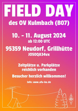 Plakat für den Fieldday 2024 vom 10. - 11. August in Neudorf JO50qa34vx