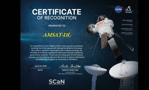 Certificate of Recognition für die AMSAT-DL