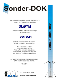 Zuteilung Sonder-DOK "20G50" für DL0YM