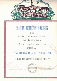 Urkunde für Gründungsmitglied DF3CM, Reinhold