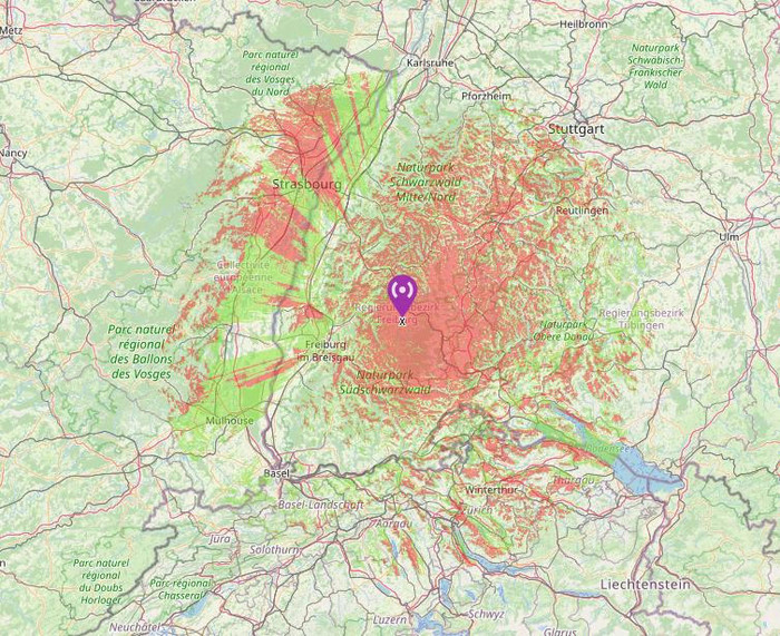 Ausbreitungssimulation des Relais DB0WX - Erkennbar ist, dass das Relais auf der Ostseite des Schwarzwaldes bis in die Region Stuttgart und bis zum Bodensee empfangen werden kann.