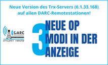 Infografik 1 von 5 mit weißem Hintergrund. Oben steht die Markierung „1/5“ und der Text „Neue Version des Trx-Servers (6.1.33.168) auf allen DARC-Remotestationen!“. Im Zentrum steht eine große hellblaue Ziffer 3 mit dem Text „NEUE OP MODI IN DER ANZEIGE“ in Dunkelblau