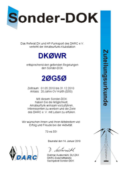 Zuteilung Sonder-DOK "20G50" für DK0WR