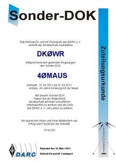 Zuteilung Sonder-DOK "40MAUS" für DK0WR